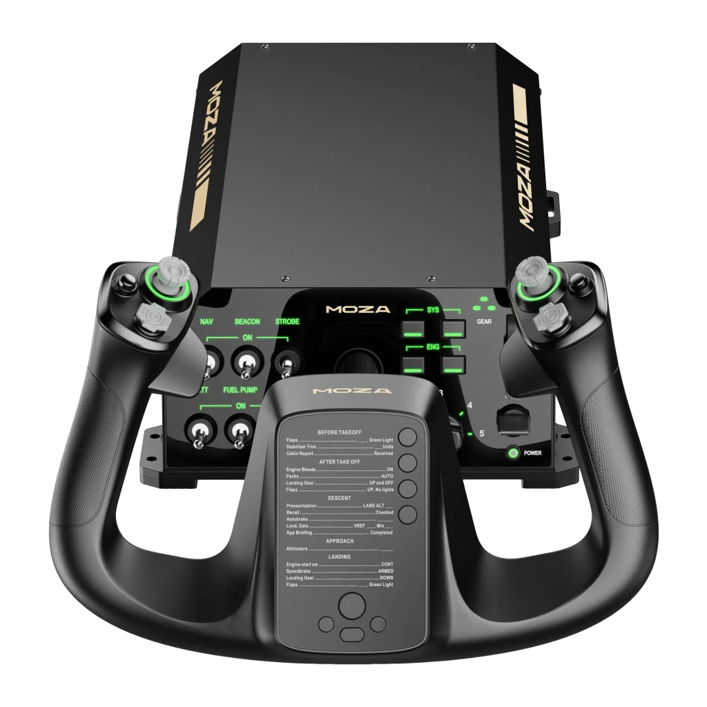 Moza Racing MFY Yoke preto, vista frontal em ângulo: punhos com LEDs verdes, painel de checklist central e logo dourado - Item4