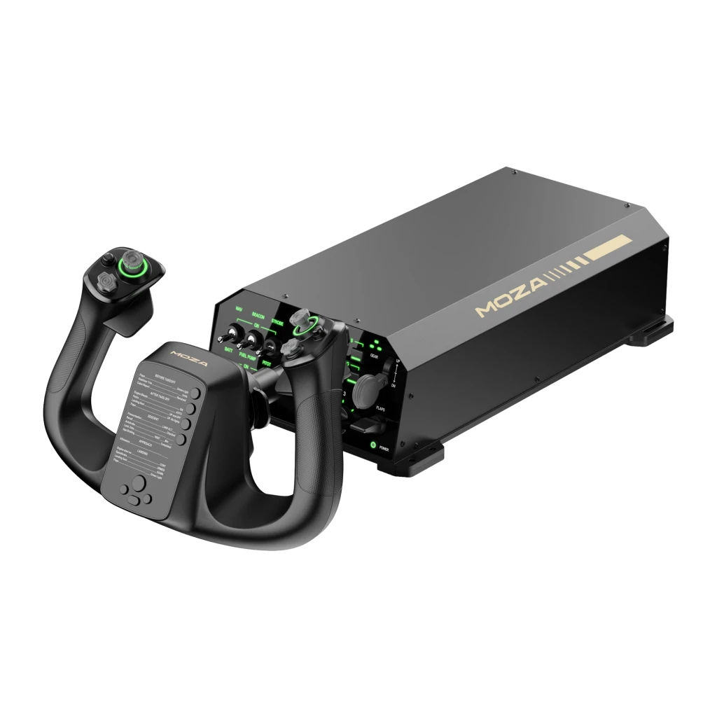 Moza Racing MFY Yoke preto, vista frontal em ângulo: punhos com LEDs verdes, painel de checklist central e logo dourado - Item5