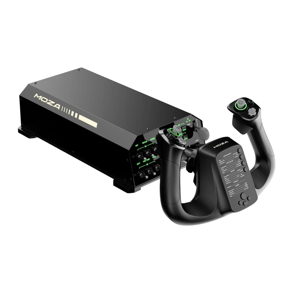 Moza Racing MFY Yoke preto, vista frontal em ângulo: punhos com LEDs verdes, painel de checklist central e logo dourado - Item6