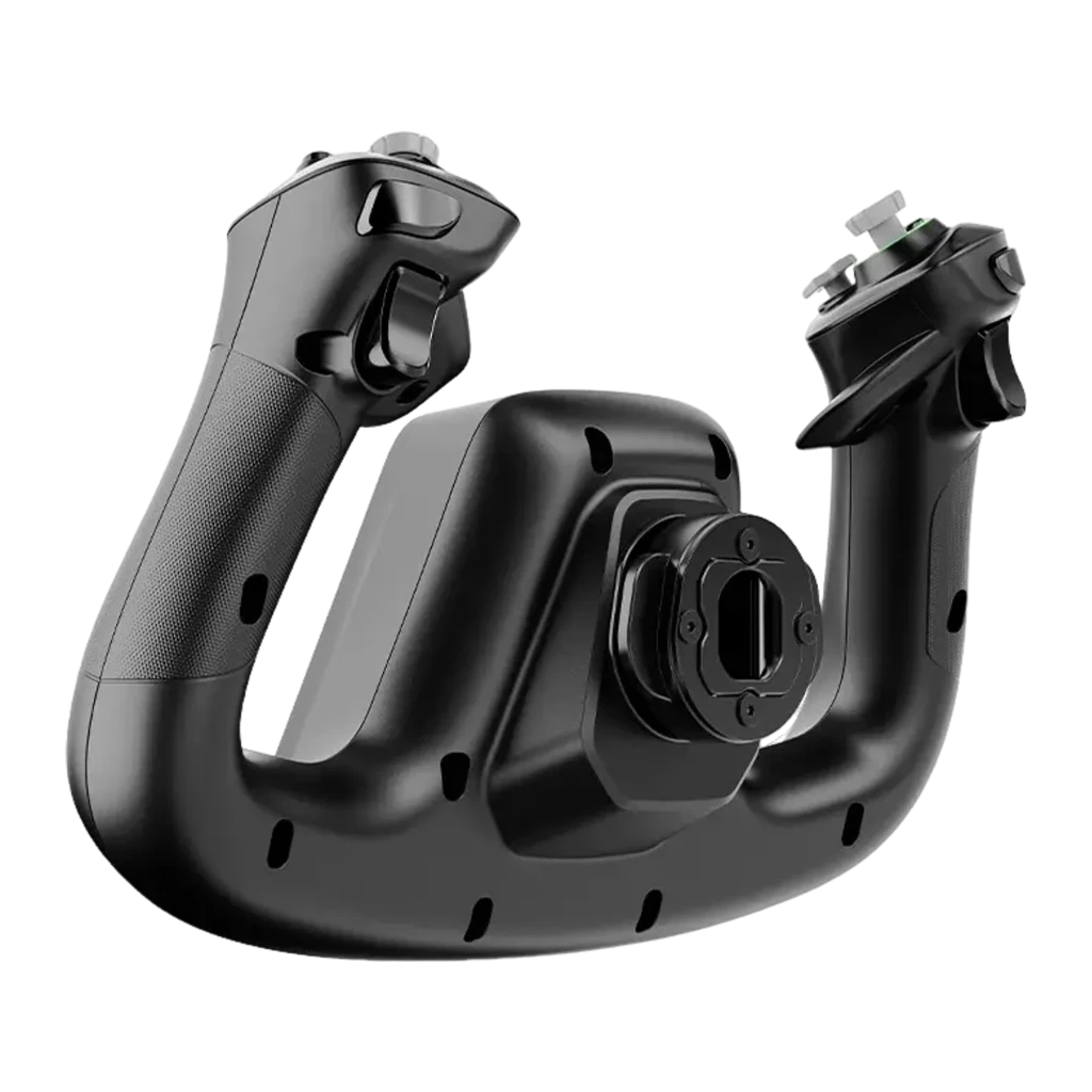 Moza Racing MFY Yoke preto, vista frontal em ângulo: punhos com LEDs verdes, painel de checklist central e logo dourado - Item1