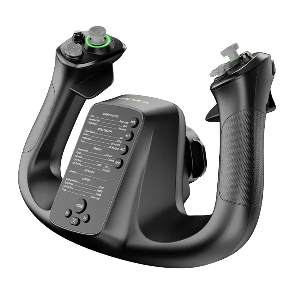 Moza Racing MFY Yoke preto, vista frontal em ângulo: punhos com LEDs verdes, painel de checklist central e logo dourado - Item2
