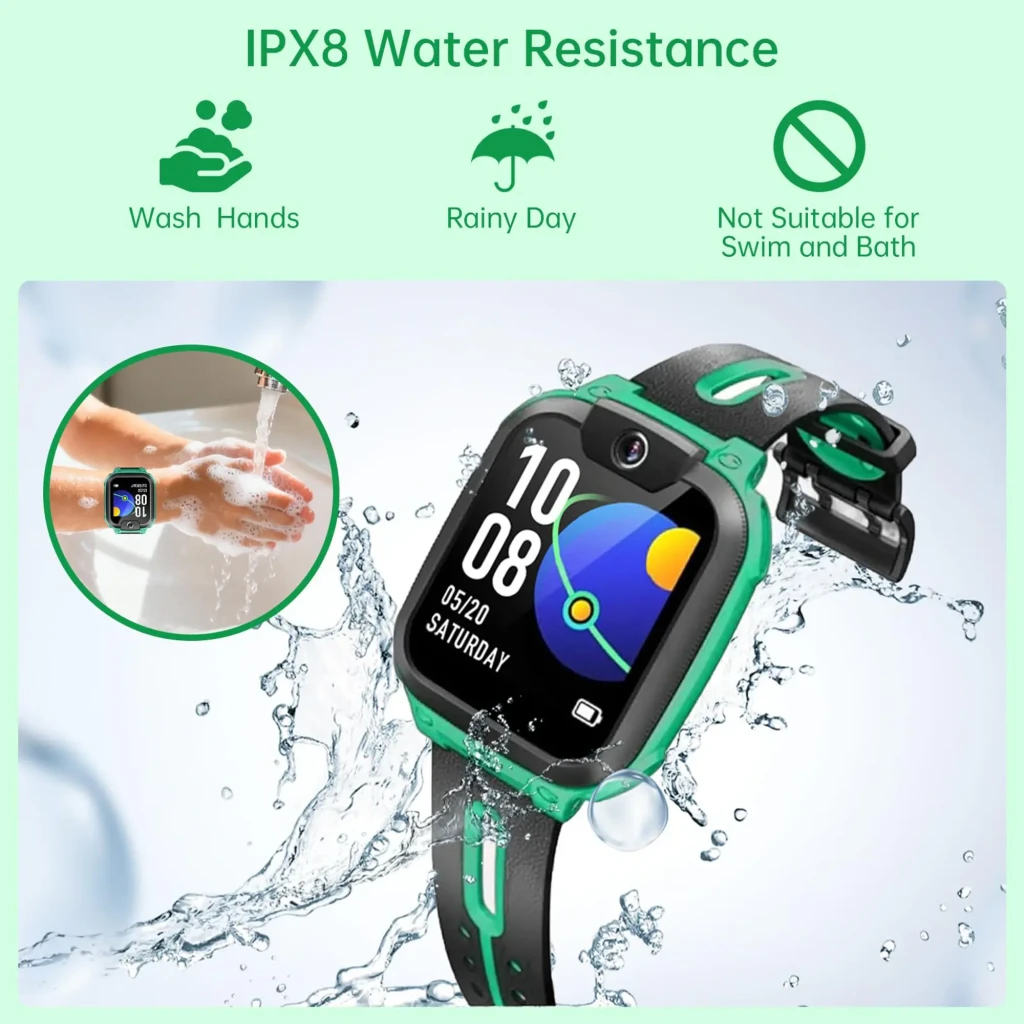 imoo Watch Phone Z1 verde, vista frontal: pantalla encendida con hora, carcasa verde y cámara giratoria superior - Ítem3