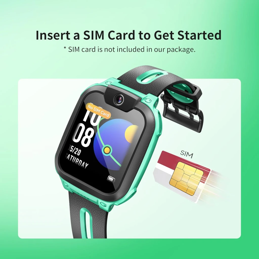 imoo Watch Phone Z1 verde, vista frontal: pantalla encendida con hora, carcasa verde y cámara giratoria superior - Ítem4