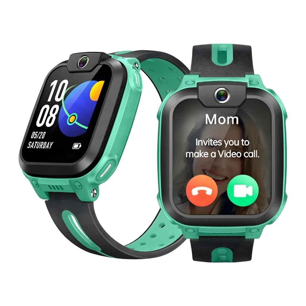 imoo Watch Phone Z1 verde, vista frontal: pantalla encendida con hora, carcasa verde y cámara giratoria superior - Ítem1