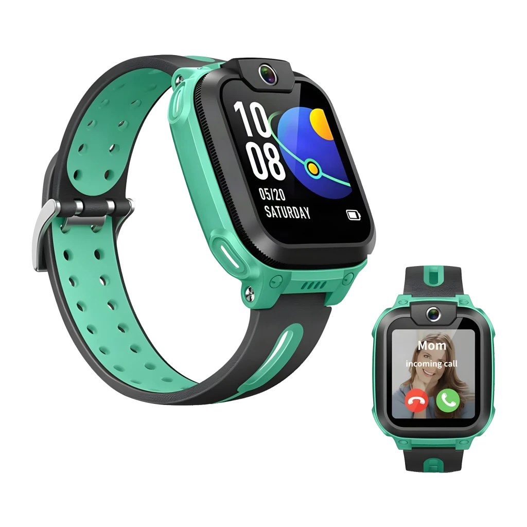 imoo Watch Phone Z1 verde, vista frontal: pantalla encendida con hora, carcasa verde y cámara giratoria superior - Ítem5