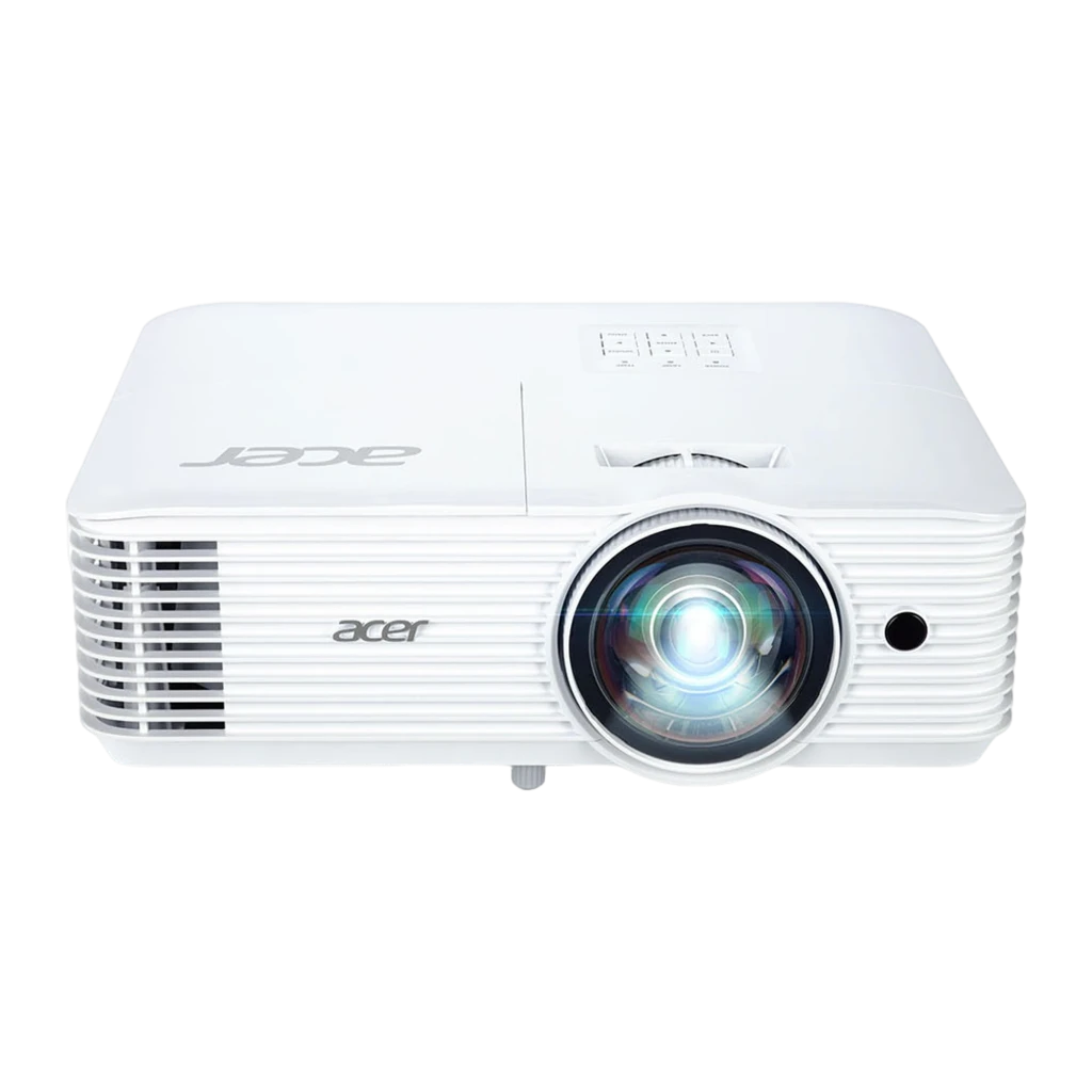 Acer Proyector S1287n XGA DLP Blanco, vista en ángulo frontal-lateral: lente iluminada, rejillas de ventilación y panel - Ítem1