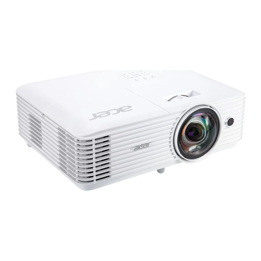 Acer Proyector S1287n XGA DLP Blanco, vista en ángulo frontal-lateral: lente iluminada, rejillas de ventilación y panel - Ítem2