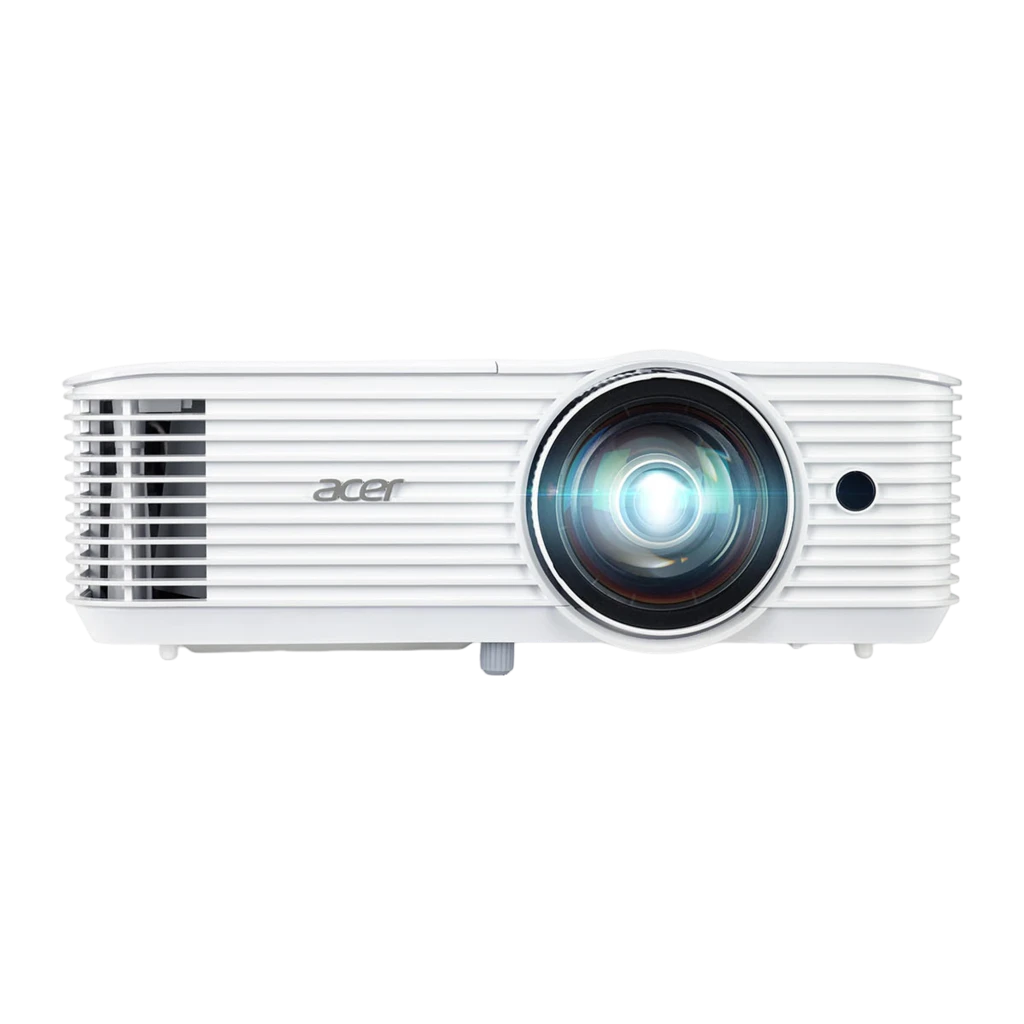 Acer Proyector S1287n XGA DLP Blanco, vista en ángulo frontal-lateral: lente iluminada, rejillas de ventilación y panel - Ítem3