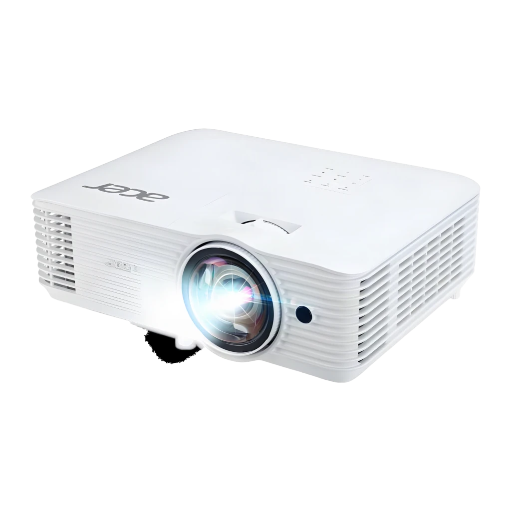 Acer Proyector S1287n XGA DLP Blanco, vista en ángulo frontal-lateral: lente iluminada, rejillas de ventilación y panel - Ítem4