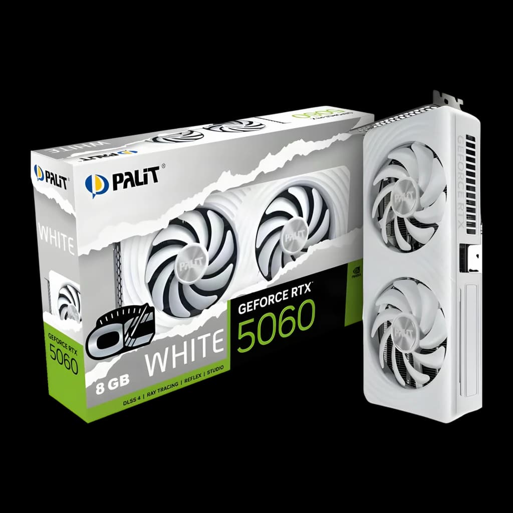 Palit GeForce RTX 5060 OC White 8GB blanco, caja y tarjeta: packaging frontal junto a GPU con 3 ventiladores vista lateral
