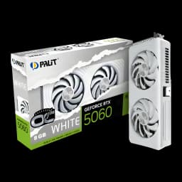 Palit GeForce RTX 5060 OC White 8GB blanco, caja y tarjeta: packaging frontal junto a GPU con 3 ventiladores vista lateral
