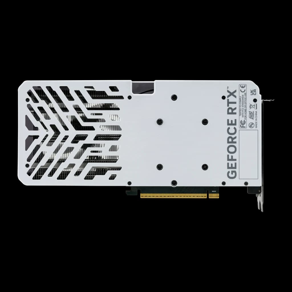 Palit GeForce RTX 5060 OC WHITE 8GB blanco, vista trasera: backplate blanco con patrón de flechas caladas y logo GeForce RTX