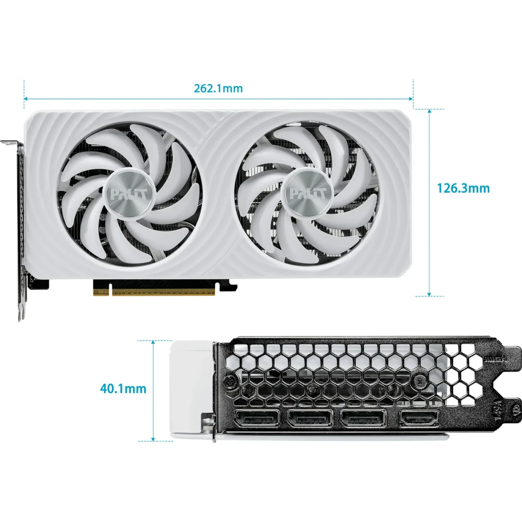 Palit GeForce RTX 5060 OC White 8GB branco, caixa e placa: embalagem frontal ao lado da GPU com cooler de 3 ventoinhas - Item4