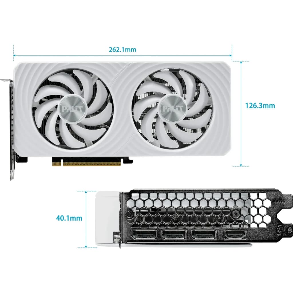 Palit GeForce RTX 5060 OC WHITE 8GB blanco, dimensiones: vista frontal y trasera con medidas 262.1x126.3x40.1mm, 2