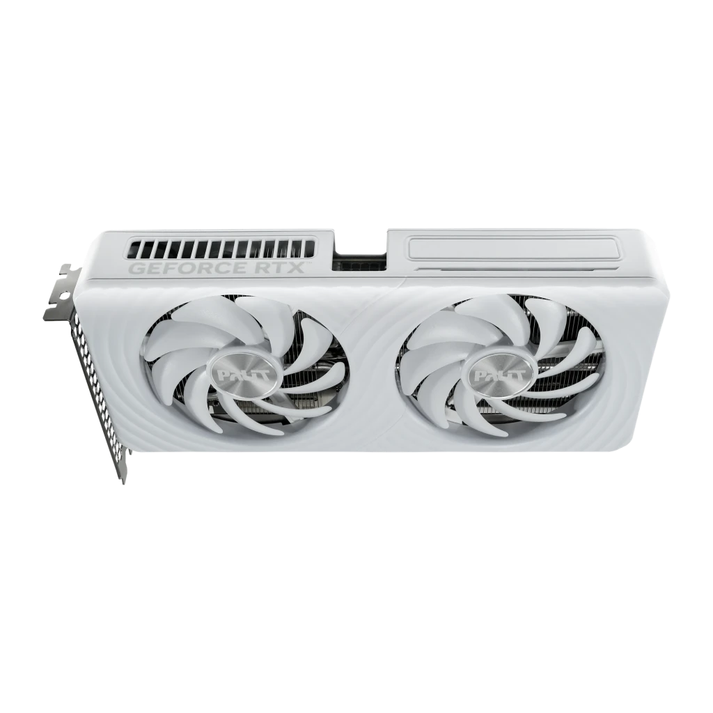 Palit GeForce RTX 5060 OC White 8GB branco, caixa e placa: embalagem frontal ao lado da GPU com cooler de 3 ventoinhas - Item5