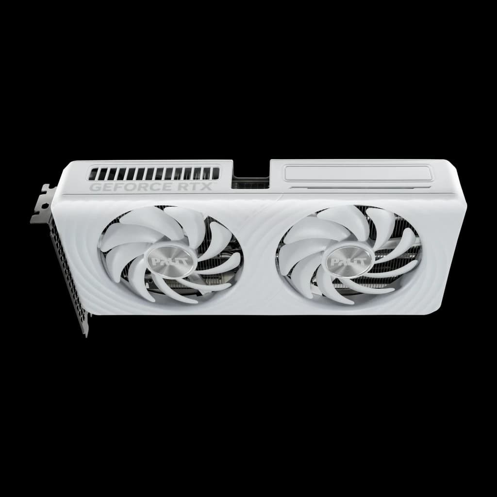 Palit GeForce RTX 5060 OC White 8GB blanco, vista frontal en ángulo: carcasa blanca con dos ventiladores y logo GeForce RTX