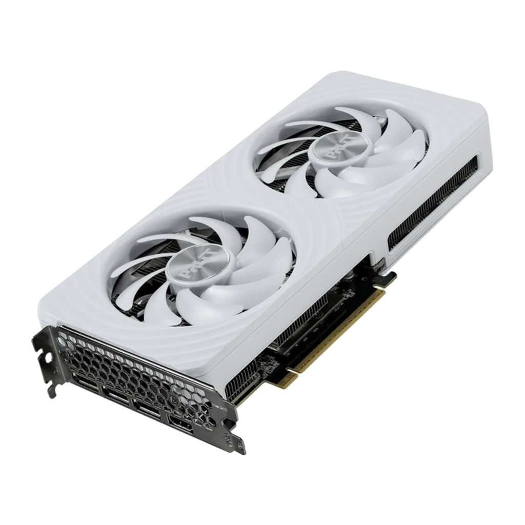 Palit GeForce RTX 5060 OC White 8GB branco, caixa e placa: embalagem frontal ao lado da GPU com cooler de 3 ventoinhas - Item1