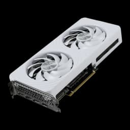Palit GeForce RTX 5060 OC WHITE 8GB blanco, vista frontal en ángulo: dos ventiladores con aspas curvas y bracket con puertos
