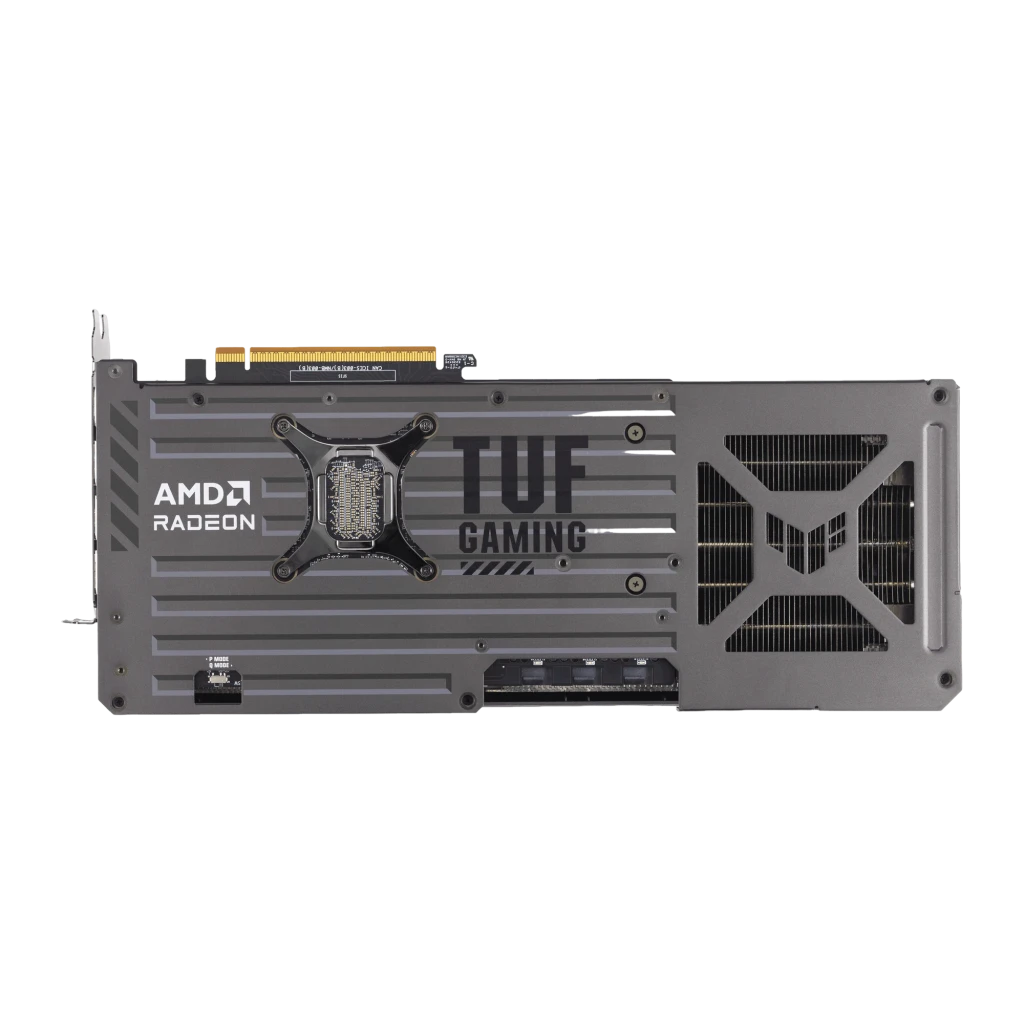 ASUS TUF Gaming Radeon RX 9070 XT OC 16GB Negro Plata, producto y caja: tarjeta con triple ventilador frente a caja AMD roja - Ítem2