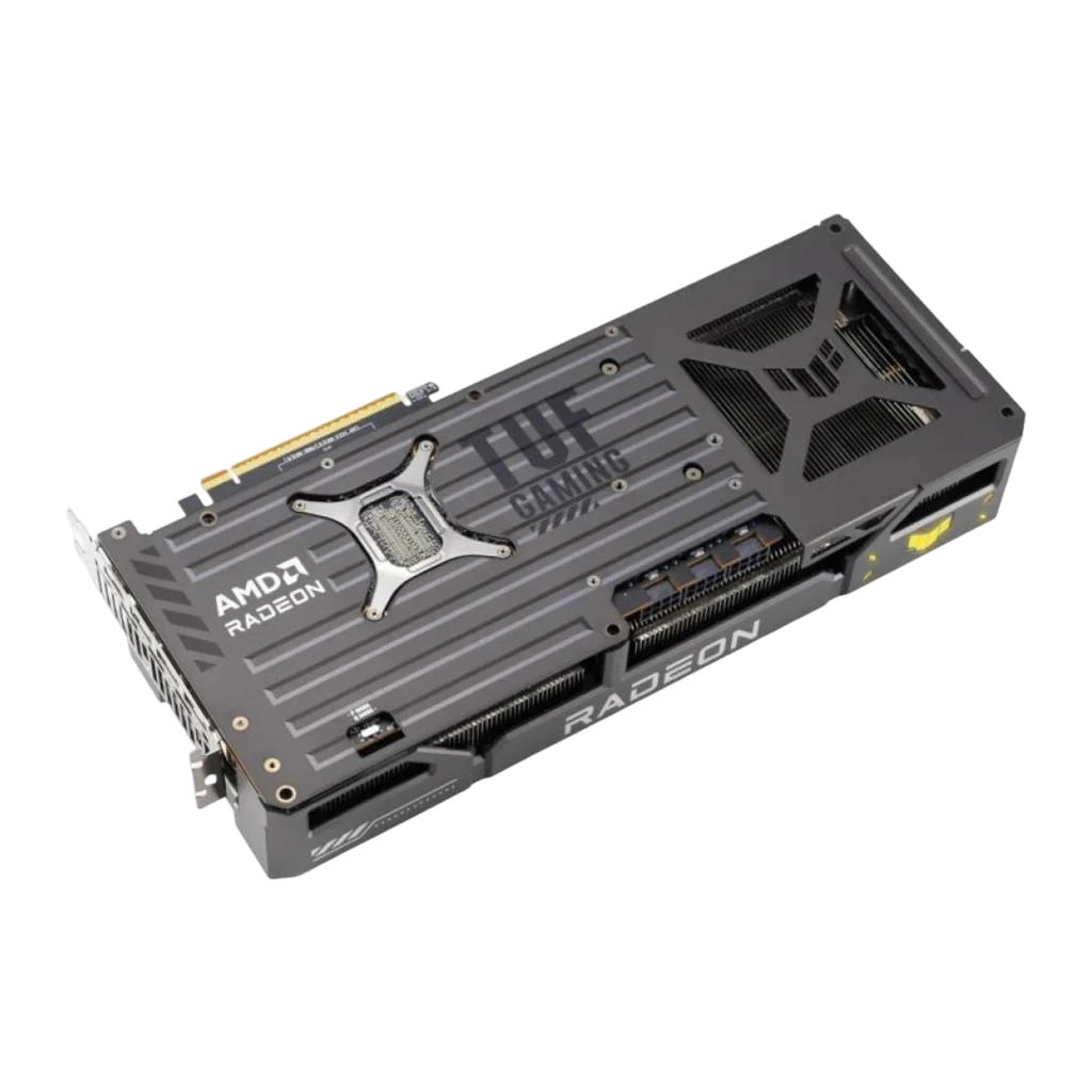 ASUS TUF Gaming Radeon RX 9070 XT OC 16GB Negro Plata, producto y caja: tarjeta con triple ventilador frente a caja AMD roja - Ítem3