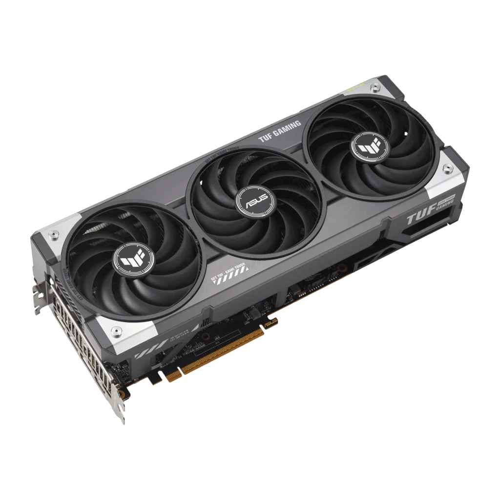 ASUS TUF Gaming Radeon RX 9070 XT OC 16GB Negro Plata, producto y caja: tarjeta con triple ventilador frente a caja AMD roja - Ítem4