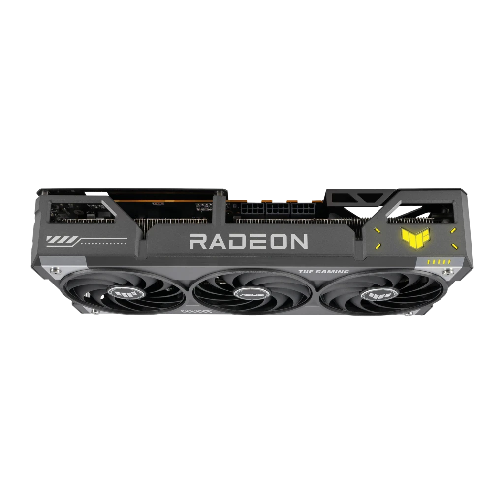 ASUS TUF Gaming Radeon RX 9070 XT OC 16GB Negro Plata, producto y caja: tarjeta con triple ventilador frente a caja AMD roja - Ítem5