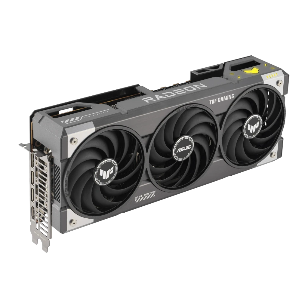 ASUS TUF Gaming Radeon RX 9070 XT OC 16GB Negro Plata, producto y caja: tarjeta con triple ventilador frente a caja AMD roja - Ítem1