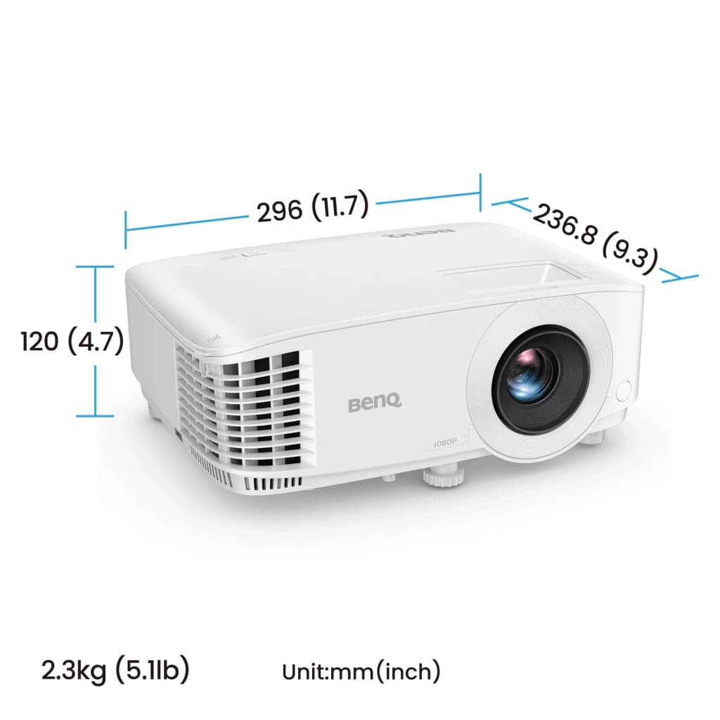 BenQ TH575i blanco, dimensiones: vista lateral con medidas 296x236,8x120mm, peso 2,3kg y lente frontal