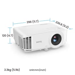 BenQ TH575i blanco, dimensiones: vista lateral con medidas 296x236,8x120mm, peso 2,3kg y lente frontal