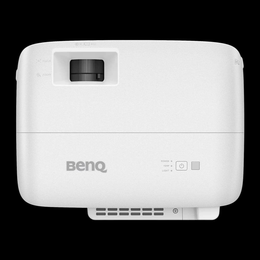BenQ Proyector TH575i Blanco, vista superior: lente con anillo de enfoque, botones de control y rejilla de ventilación
