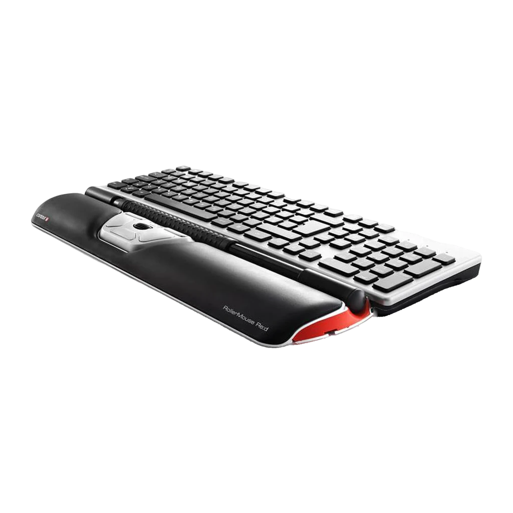 Contour Design RollerMouse Red rojo, vista superior: reposamuñecas de cuero negro, barra rodante y botones centrales - Ítem3