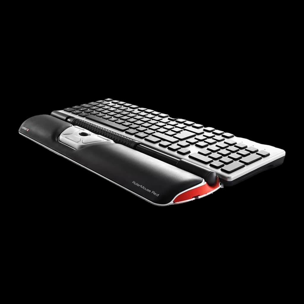 Contour Design RollerMouse Red rojo, vista lateral: ratón central con barra rodante frente a teclado, acento rojo inferior