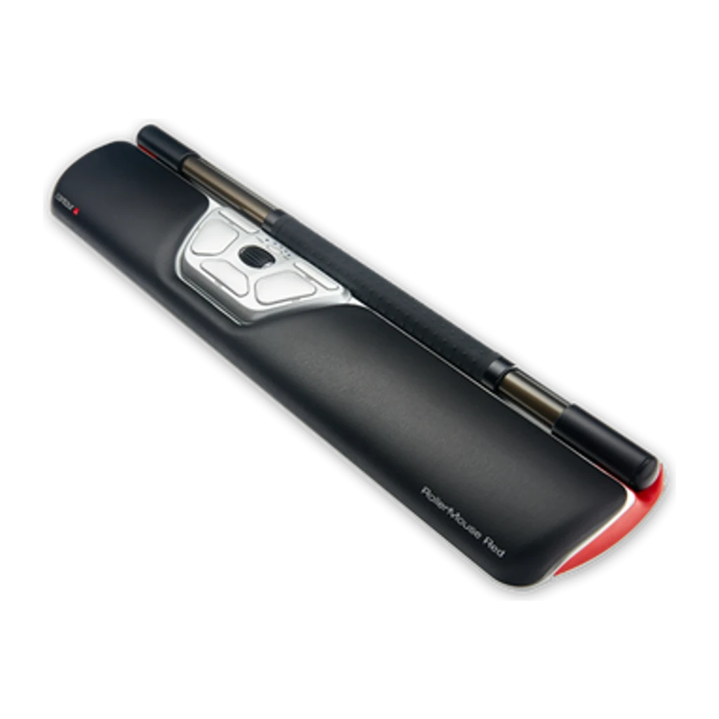 Contour Design RollerMouse Red rojo, vista superior: reposamuñecas de cuero negro, barra rodante y botones centrales - Ítem2