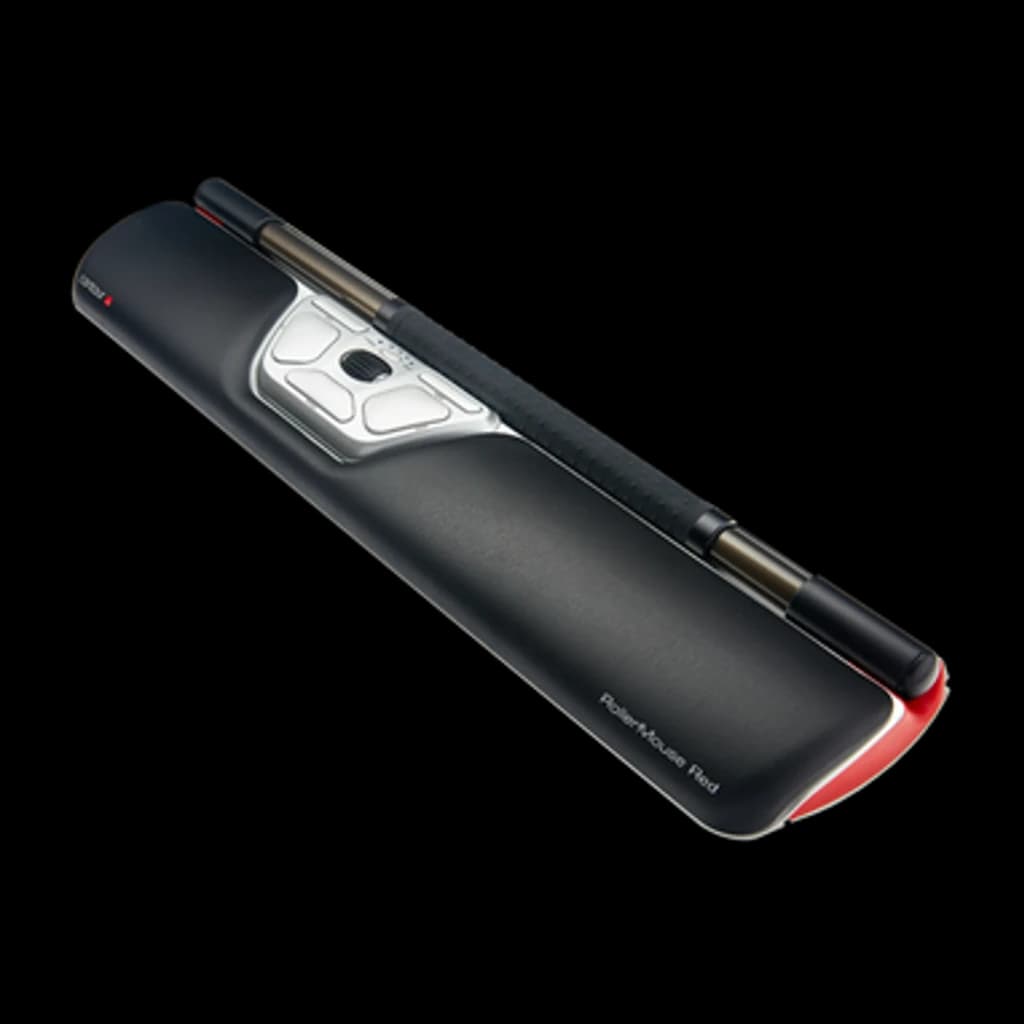 Contour Design RollerMouse Red rojo, vista en ángulo: barra rodante, botones centrales plateados y acento rojo en la base