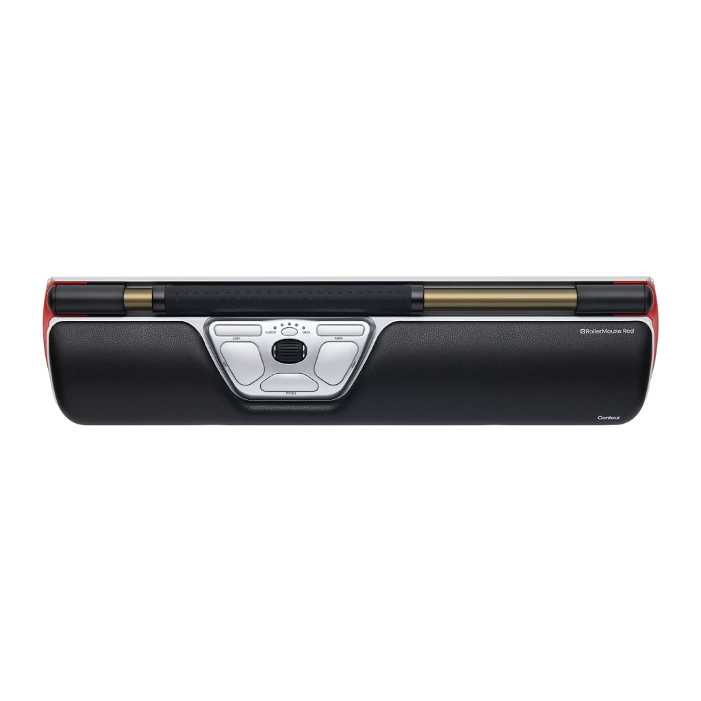 Contour Design RollerMouse Red rojo, vista superior: reposamuñecas de cuero negro, barra rodante y botones centrales - Ítem1