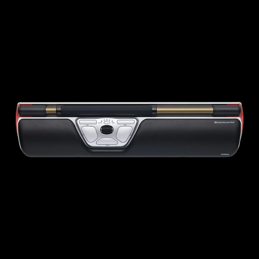 Contour Design RollerMouse Red rojo, vista superior: barra rodante central, reposamanos negro texturizado y laterales rojos