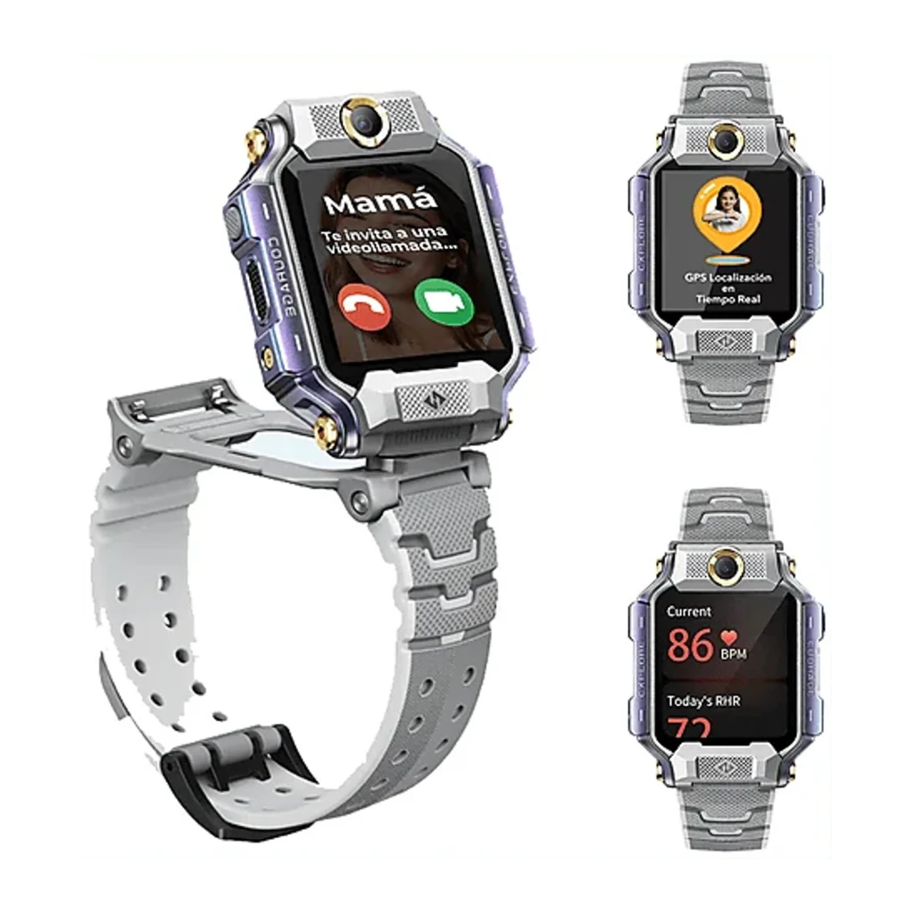imoo Watch Phone X10 32GB Gris, vista frontal: pantalla con esfera colorida, cámara superior y correa texturizada - Ítem2