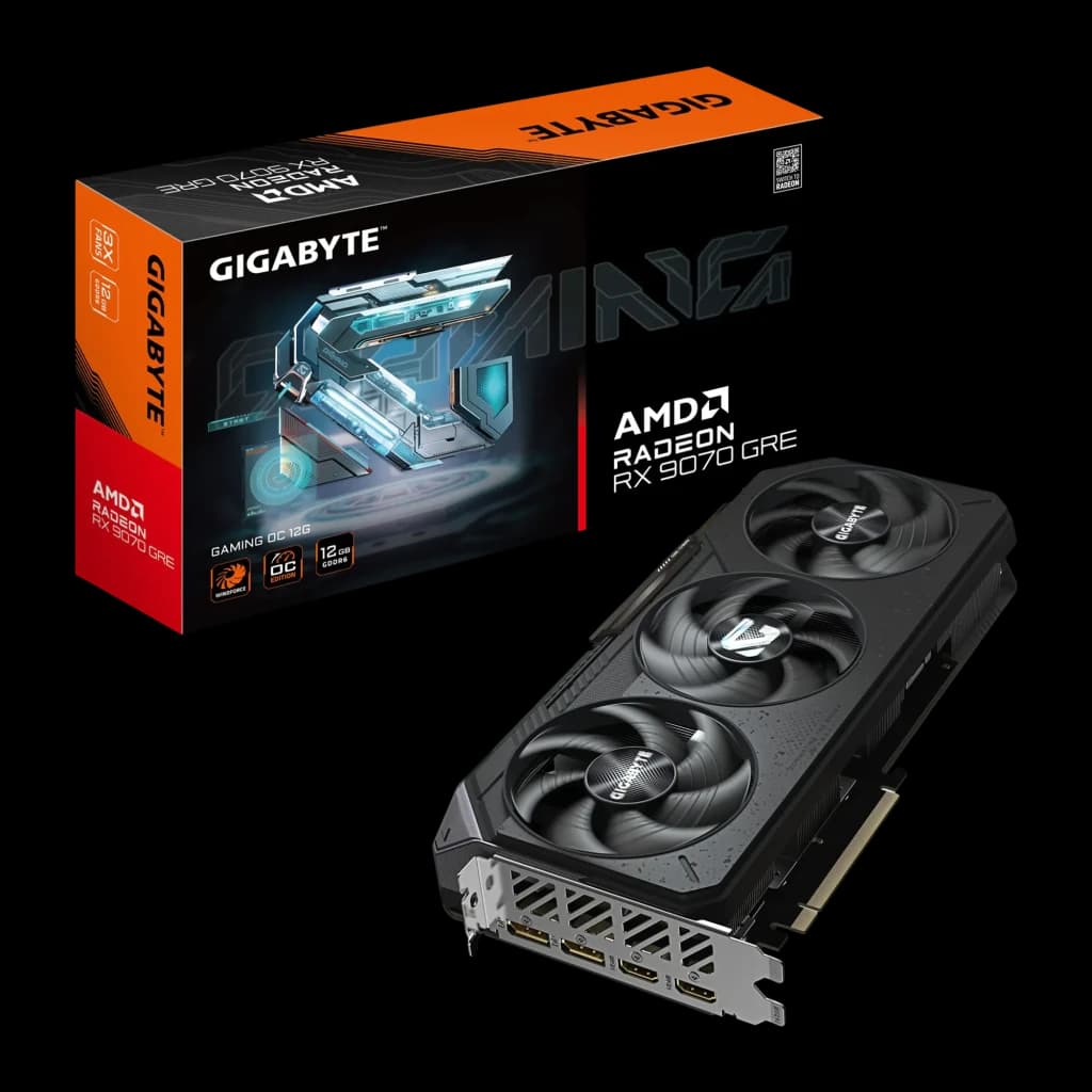 GIGABYTE Radeon RX 9070 GRE Gaming OC 12GB noir, kit avec boîte: carte avec ports frontaux à côté de la boîte orange Gaming