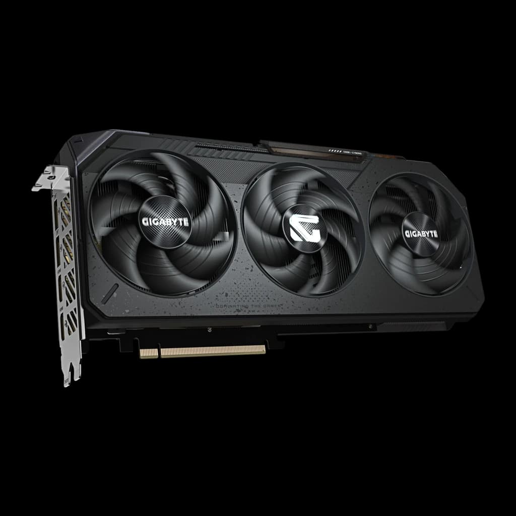 GIGABYTE Radeon RX 9070 GRE Gaming OC 12GB noir, vue avant: trois ventilateurs avec logo GIGABYTE et connecteur PCIe