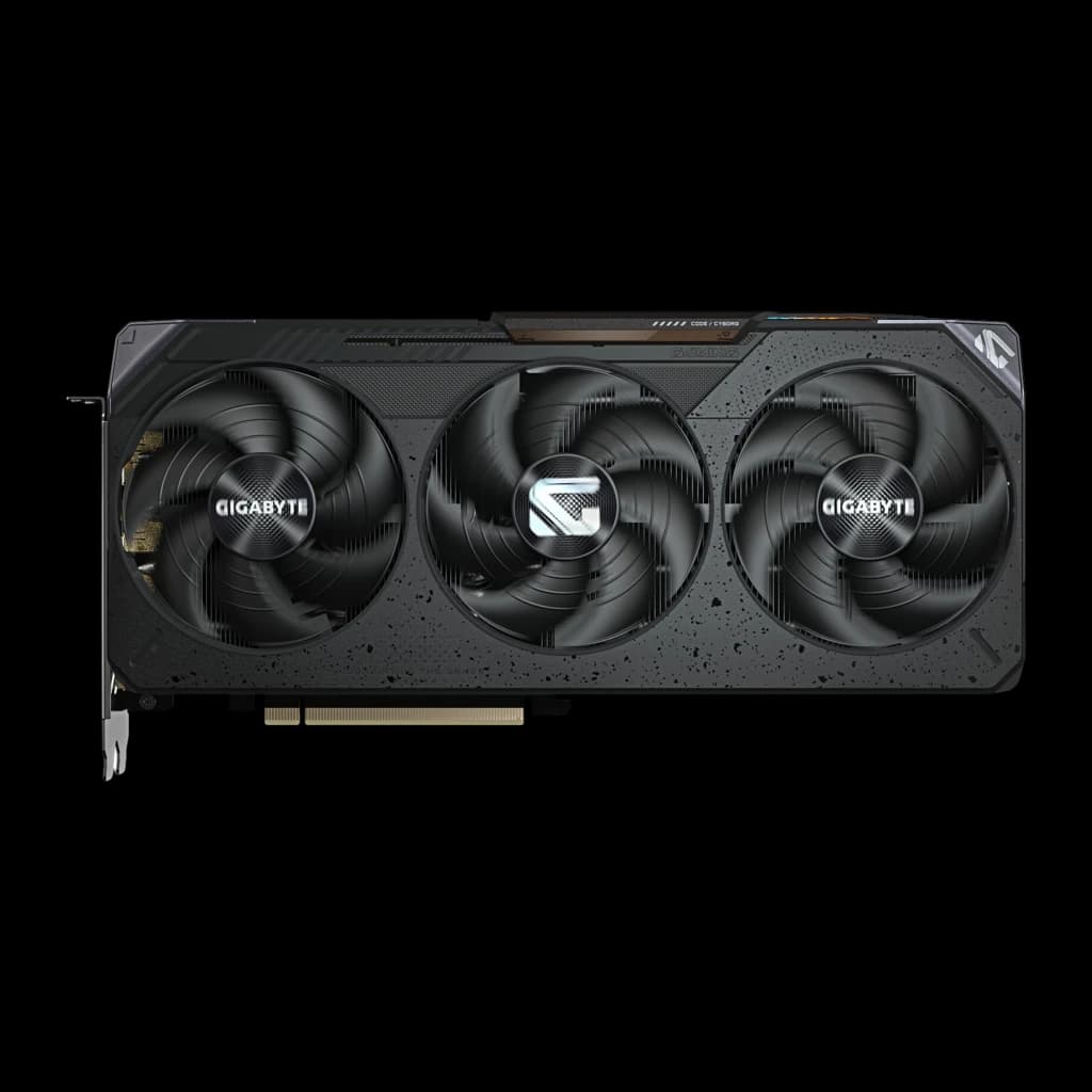 GIGABYTE Radeon RX 9070 GRE Gaming OC 12GB noir, vue avant: trois ventilateurs avec logo GIGABYTE et shroud texturé