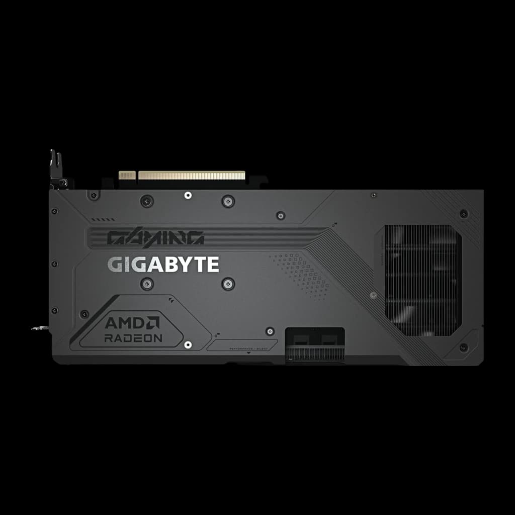 GIGABYTE Radeon RX 9070 GRE Gaming OC 12GB noir, verso: backplate avec logos GIGABYTE et AMD Radeon, connecteur