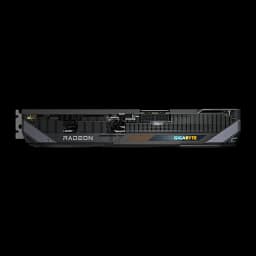 GIGABYTE Radeon RX 9070 GRE Gaming OC 12GB noir, vue latérale: dissipateur à ailettes, connecteurs d'alimentation et logos