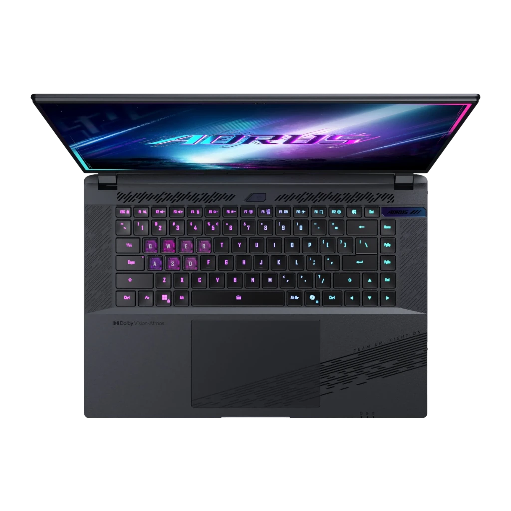 GIGABYTE AORUS Elite 16 BWH 32+1000GB cinza, vista frontal: ecrã WQXGA 165Hz com logo AORUS e teclado RGB iluminado - Item3