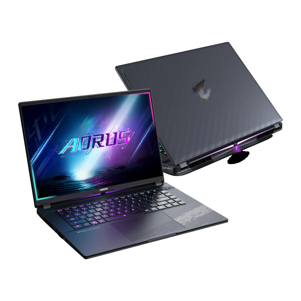 GIGABYTE AORUS Elite 16 BWH 32+1000GB cinza, vista frontal: ecrã WQXGA 165Hz com logo AORUS e teclado RGB iluminado - Item5