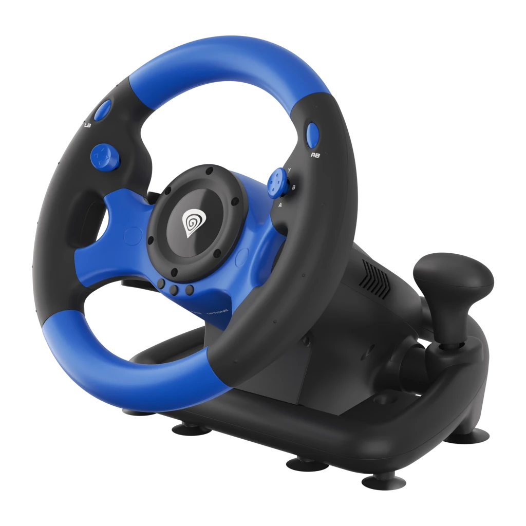 Genesis Seaborg 350 preto, vista frontal 3/4: volante azul e preto com pedais e alavanca de mudanças - Item2