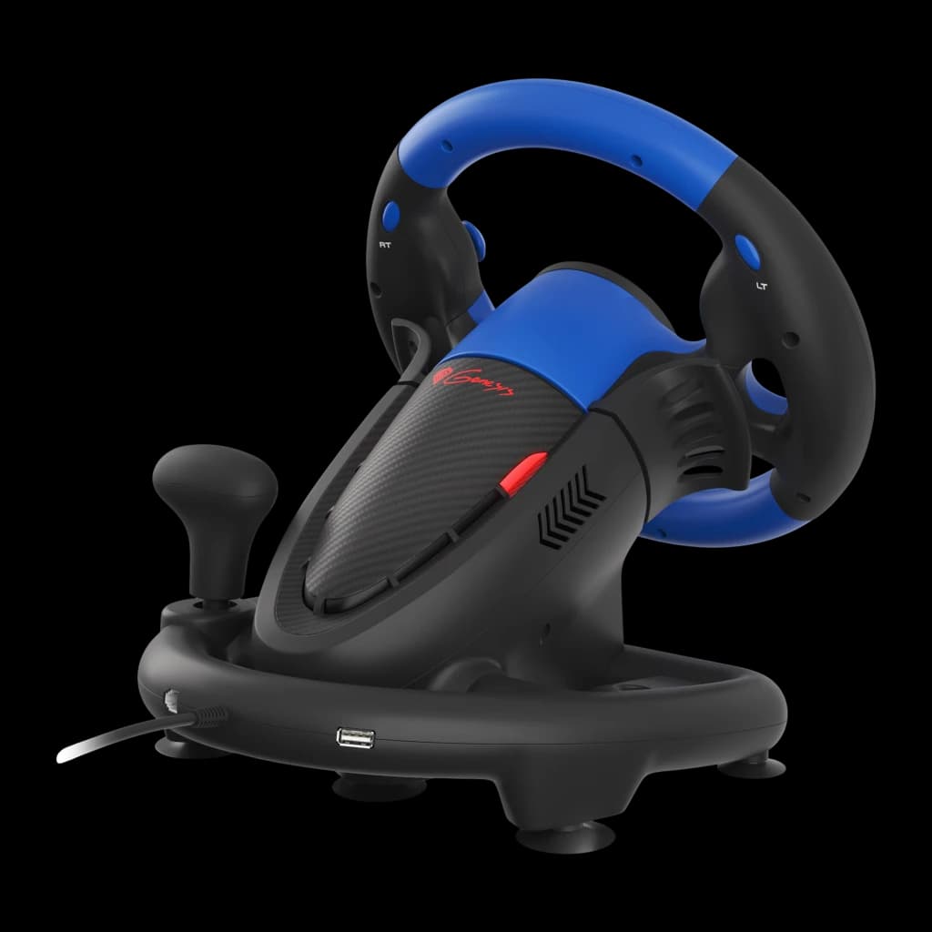Genesis Seaborg 350 Noir et Bleu, vue latérale: volant avec levier de vitesses, base avec ports USB et ventouses