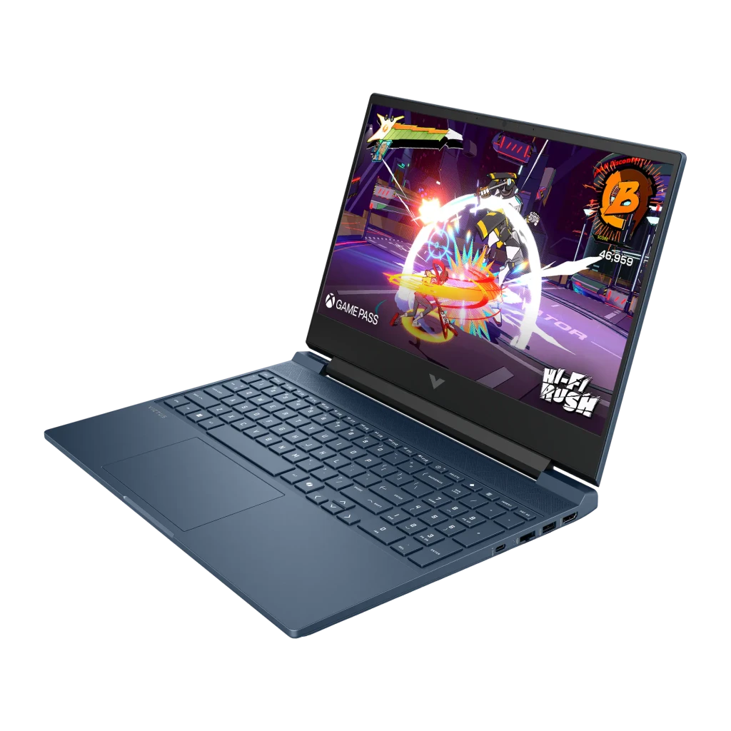 HP Victus Gaming 15 1TB Azul, vista frontal: ecrã com Hi-Fi Rush e Game Pass, teclado completo com numpad - Item4