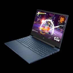 HP Victus Gaming 15-fa2040ns 1TB Bleu, vue en angle: écran avec jeu Wi-Fi Rush, clavier et ports latéraux visibles