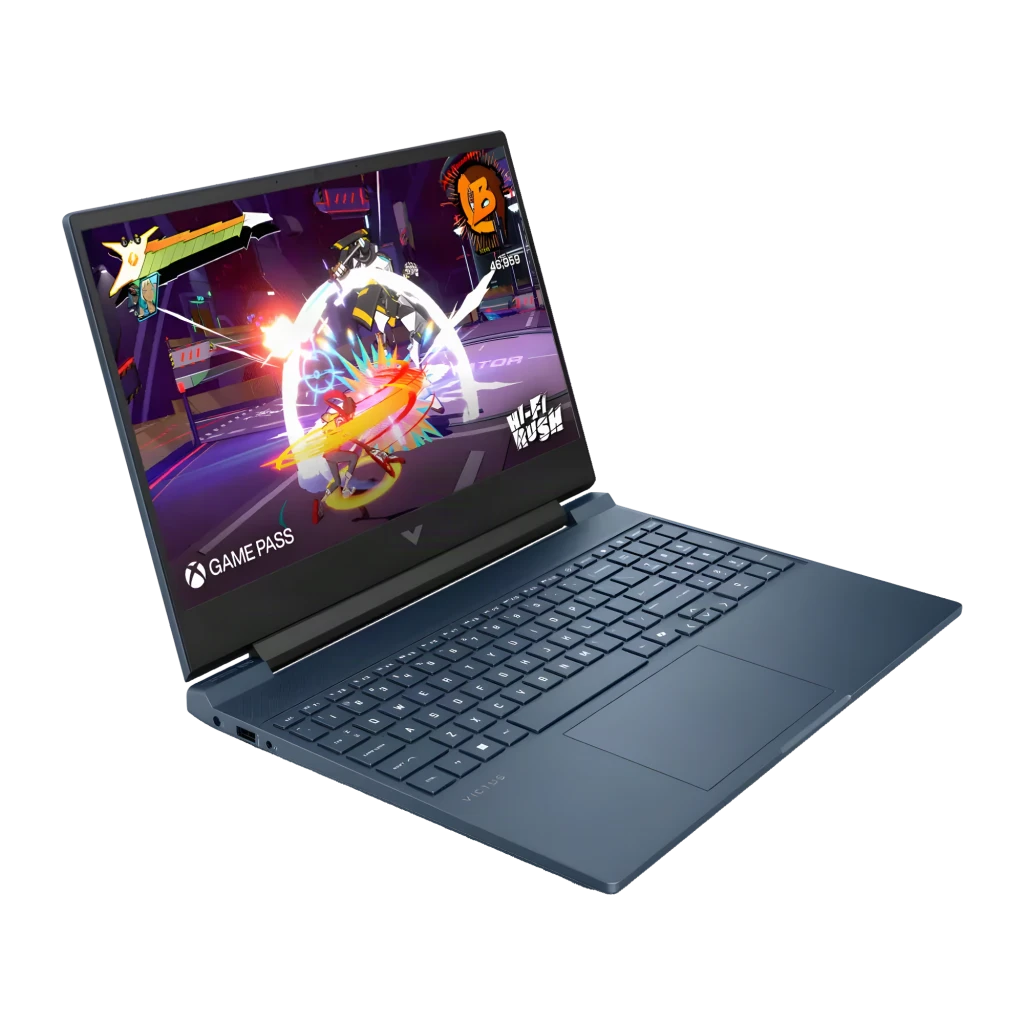 HP Victus Gaming 15 1TB Azul, vista frontal: ecrã com Hi-Fi Rush e Game Pass, teclado completo com numpad - Item5