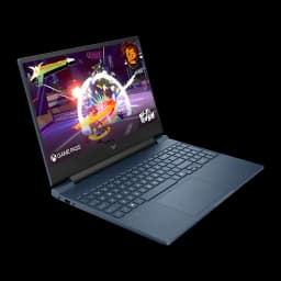 HP Victus Gaming 15-fa2040ns 1TB Bleu, vue en perspective: écran avec jeu Hi-Fi Rush et clavier complet visibles